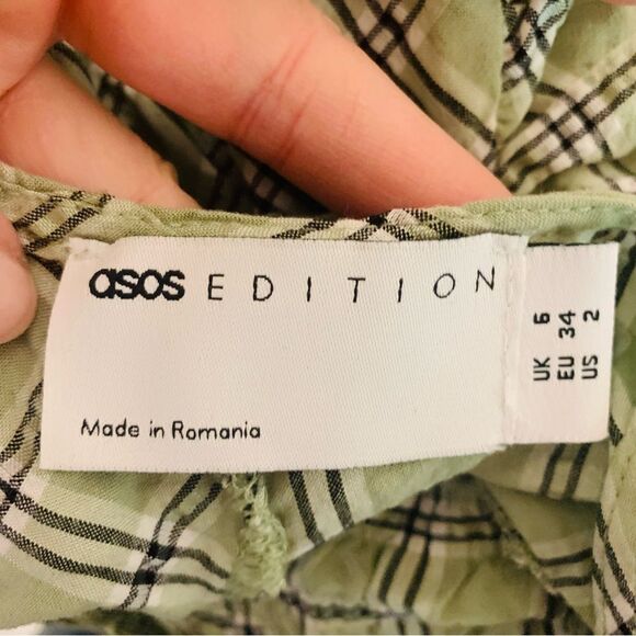 ASOS Edition Smock Top with Gathered Detail in green check plaid size 2 - Picture 2 of 10